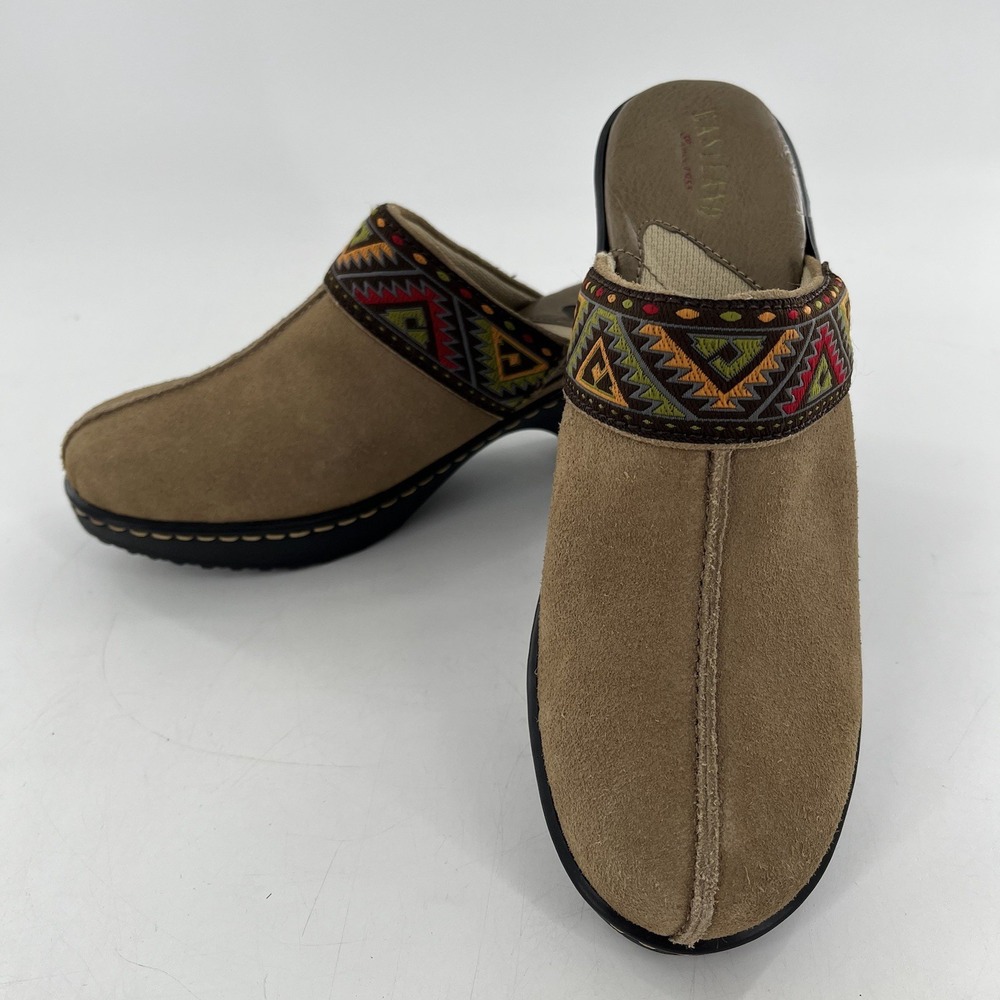 Eastland Tan Suede Womens Clog 8M Slip On Mule Aztec Southwest Chunky Block Heel